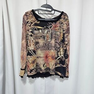 Graff Wear Womens XL Art Nouveau Floral Mesh Long Sleeve Top vtg boho y2k